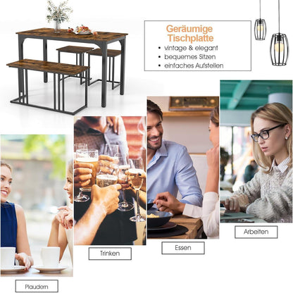 Esstisch Set 4-teilig mit Bank & Hockern – Rustikales Braun