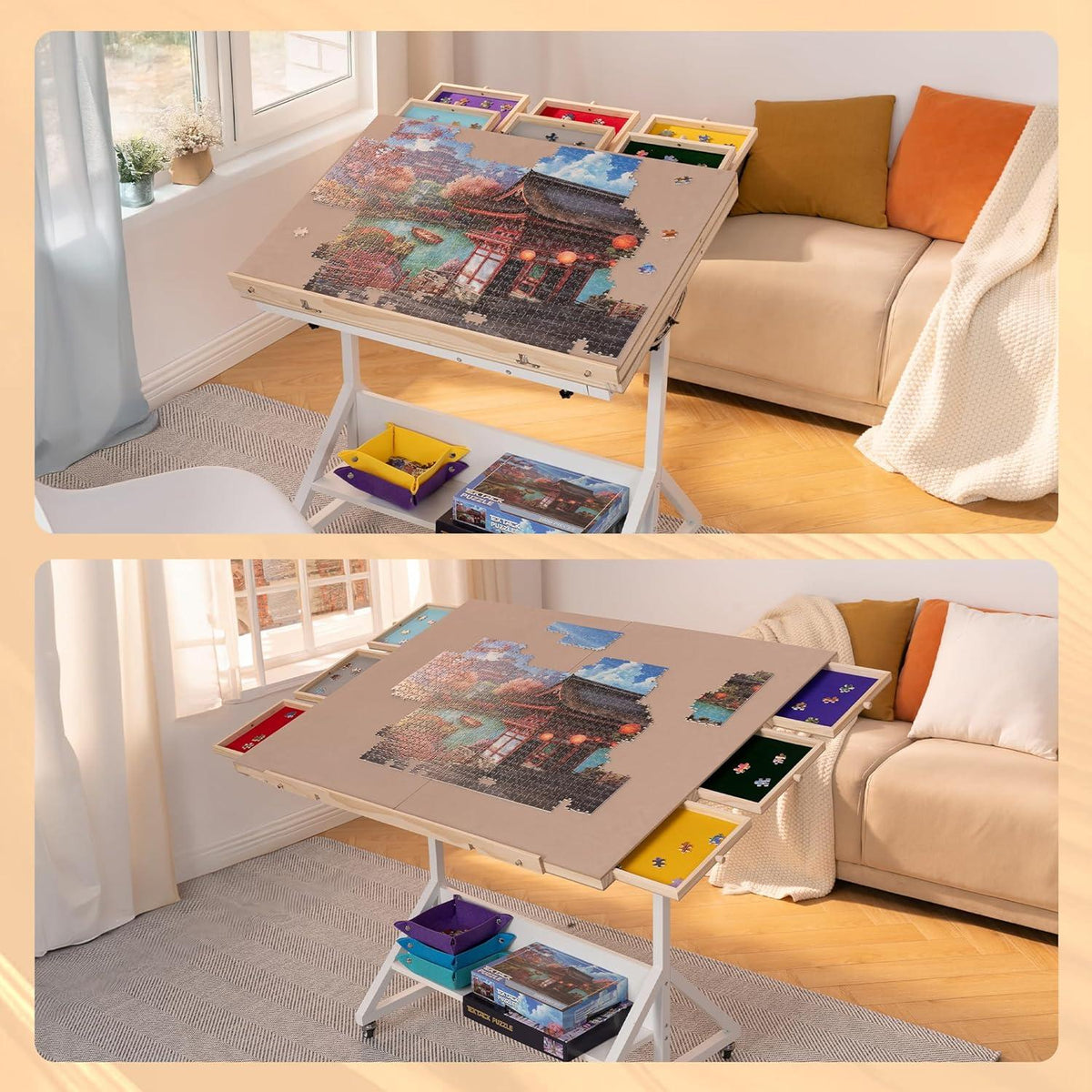 Premium Puzzletisch mit Filzbezug, Sortierschalen & Höhenverstellung, bis 2000 Teile