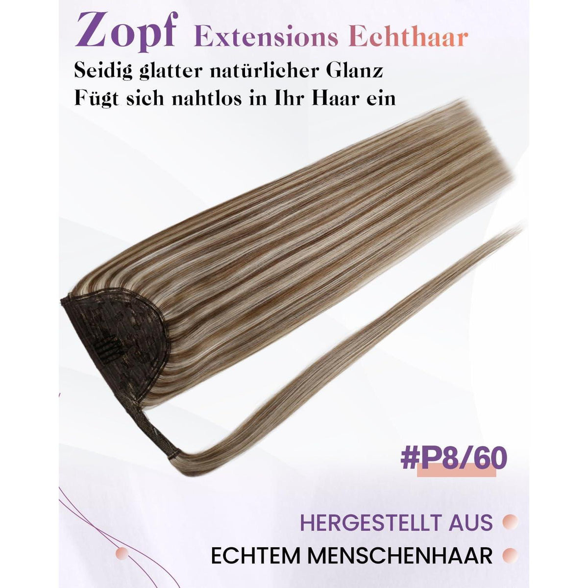 Echthaar Zopfverlängerung Braun mit Highlights 45cm