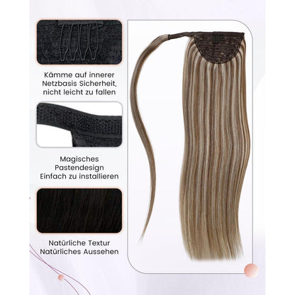 Echthaar Zopfverlängerung Braun mit Highlights 45cm