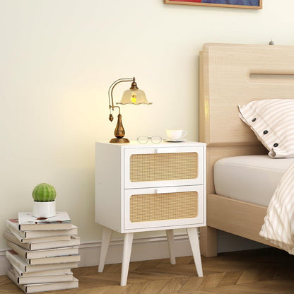 Rattan Nachttisch mit 2 Schubladen, Boho Beistelltisch in