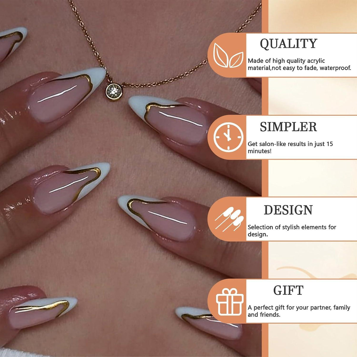 24 Stück Weiße Mandel-Drucknägel Glänzend Gold French Tip Medium-Stiletto