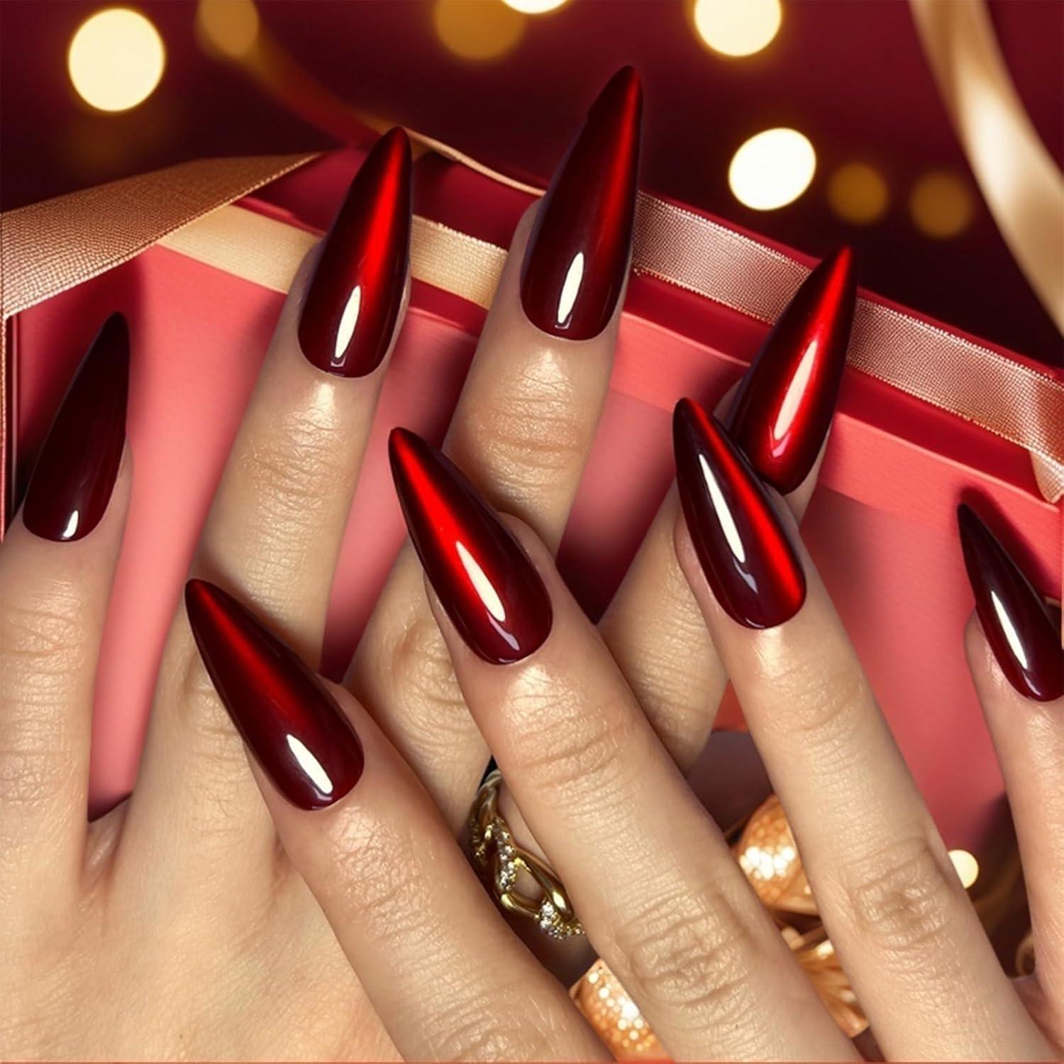 30er Set Mandel Fake Nägel Rot Glitzer mit Designs, Falsche Nägel lang