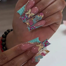 Press on Nägel French Tip Blau Gold Schmetterling Pink 3D Design 24