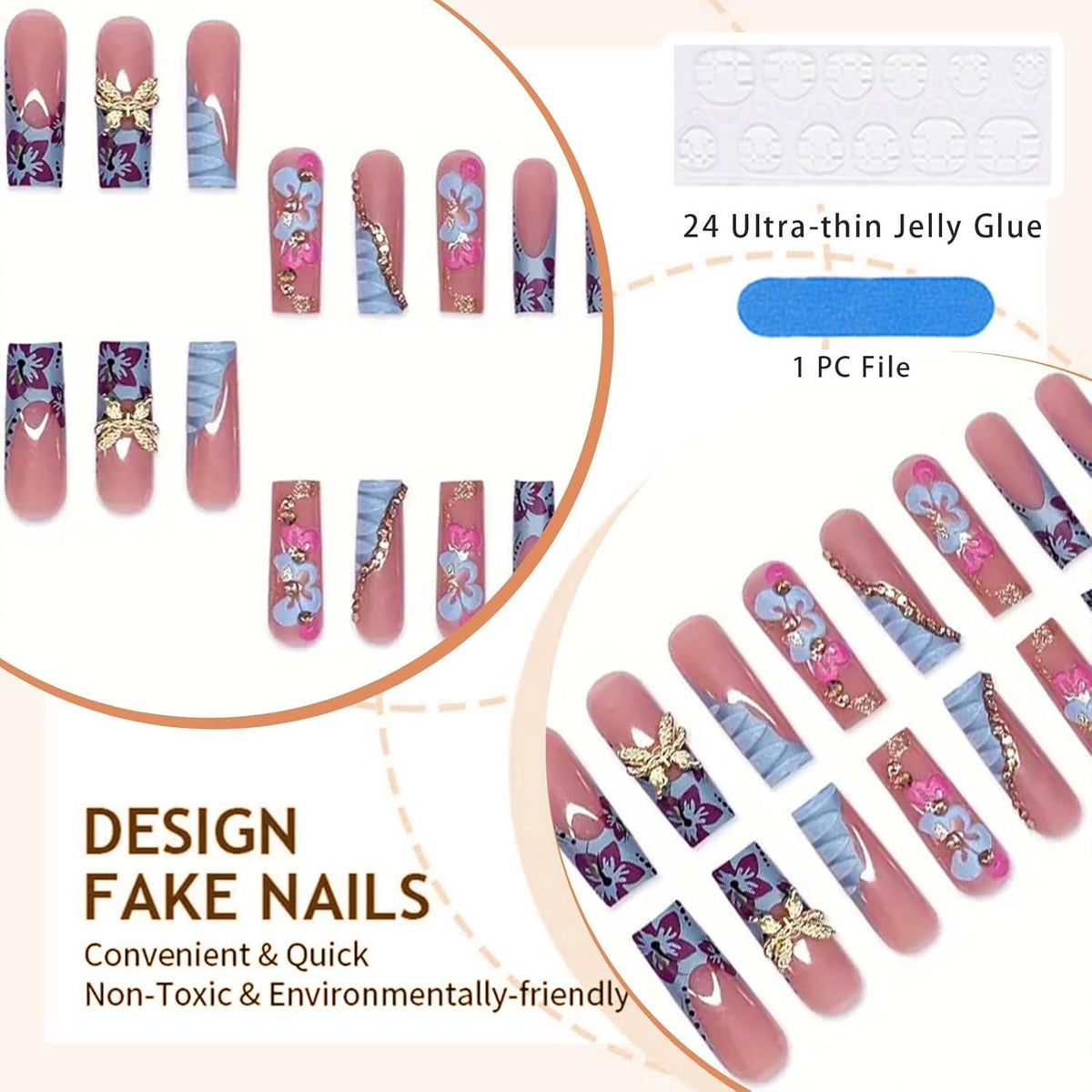 Press on Nägel French Tip Blau Gold Schmetterling Pink 3D Design 24