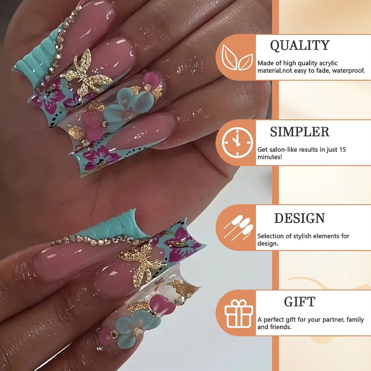 GlamRays Lange Press on Nägel French Tip Blau Gold 3D Schmetterling Pink 24 Stk