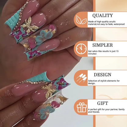 GlamRays Lange Press on Nägel French Tip Blau Gold 3D Schmetterling Pink 24 Stk