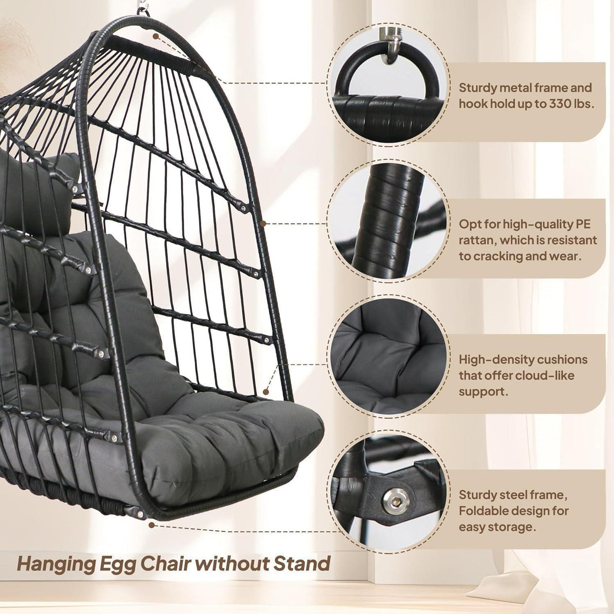 Faltbarer Rattan Hängesessel mit Kissen & Edelstahl Aufhängung