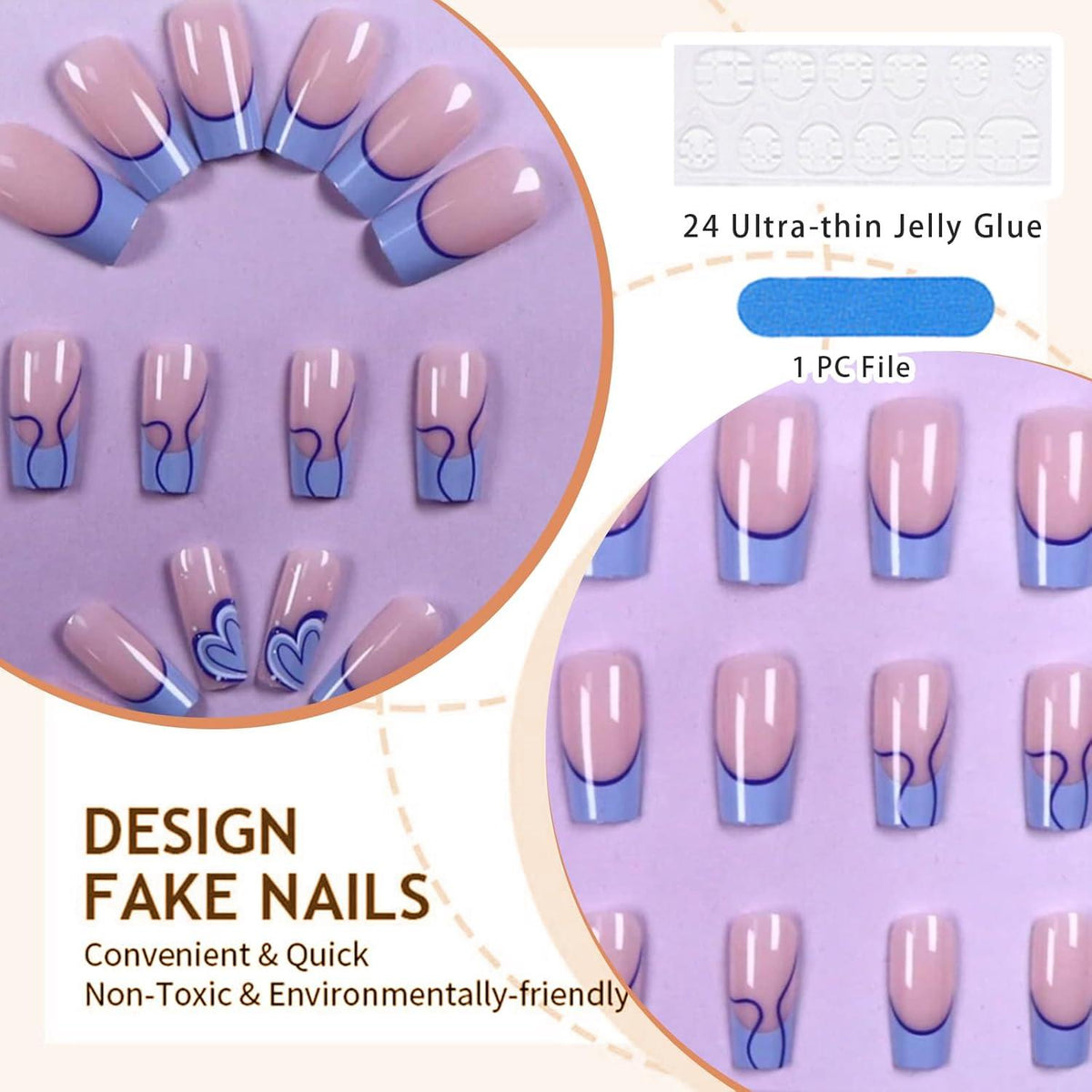 24 Blaue Quadratische Liebe French Press On Nails Set