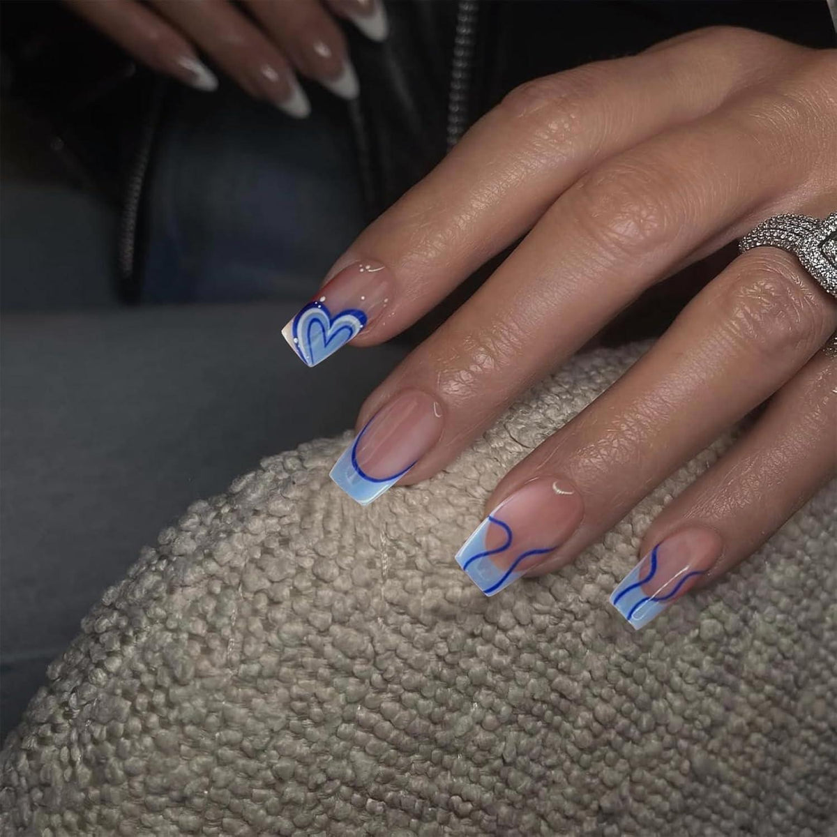24 Blaue Quadratische Liebe French Press On Nägel Blauer French Tip
