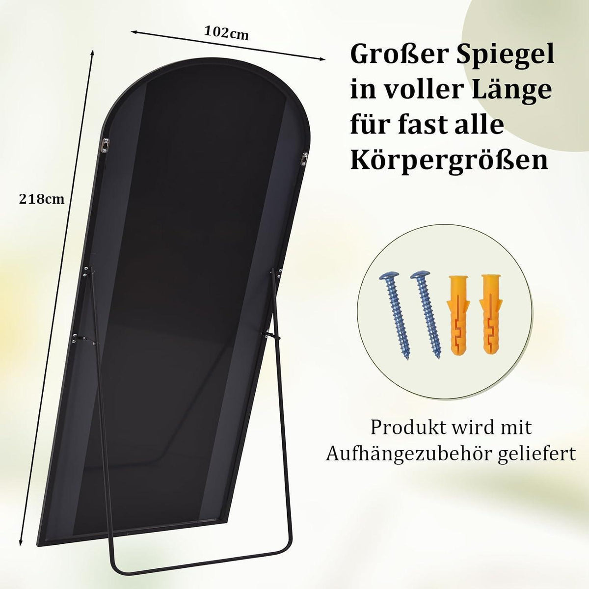 Großer Ganzkörperspiegel 218x102 cm | Standspiegel Schwarz, Wand & Boden