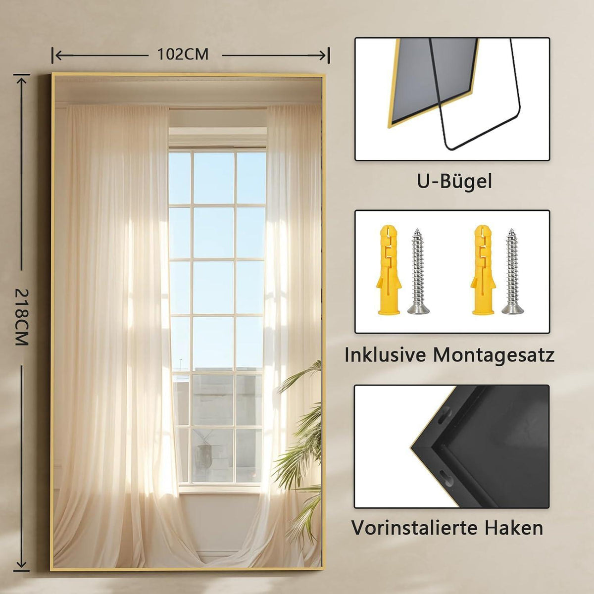 Großer Ganzkörperspiegel 102x218 cm – Stand- & Wandspiegel Gold