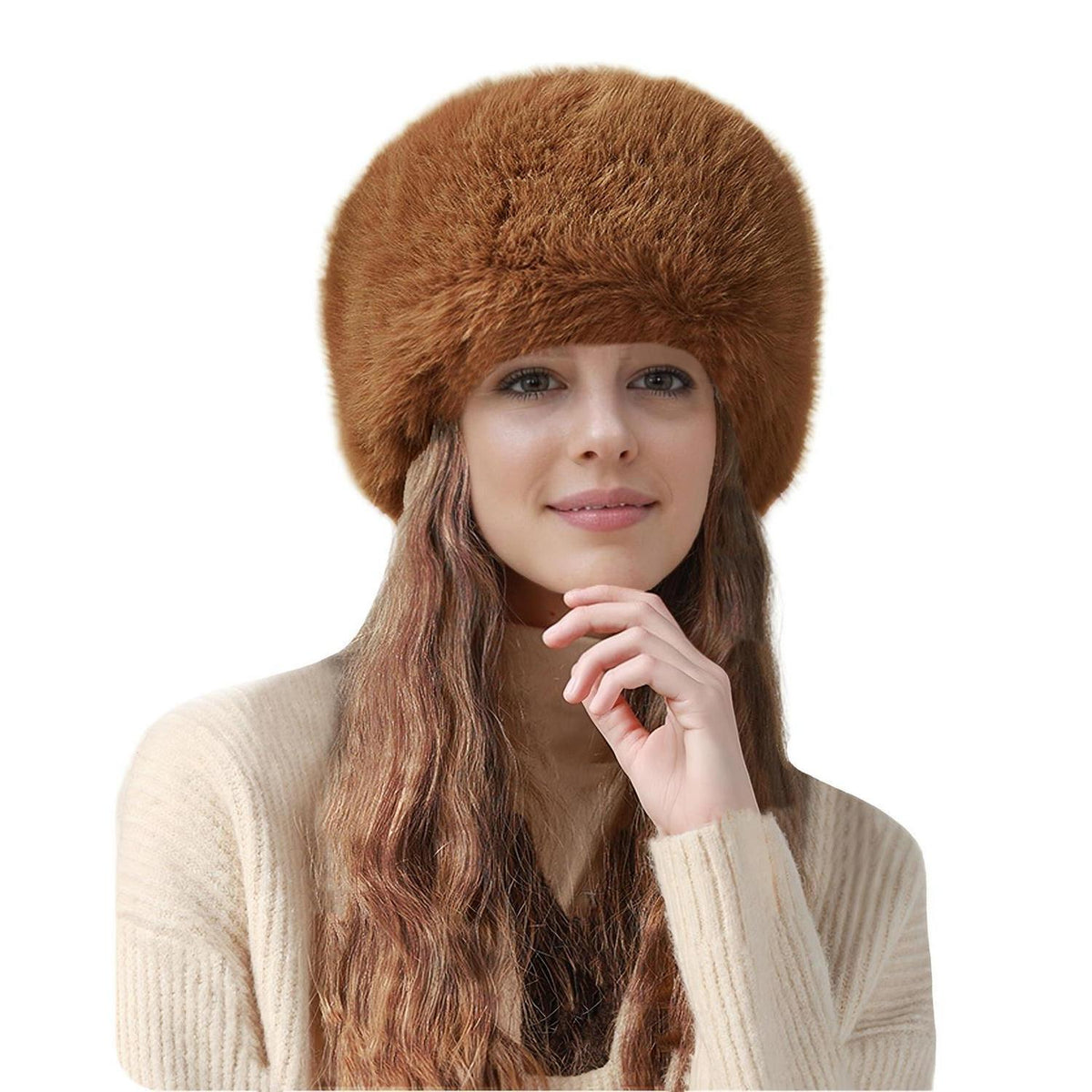 Wintermütze Damen Kunstfell Mütze Hellbraun mit Futter