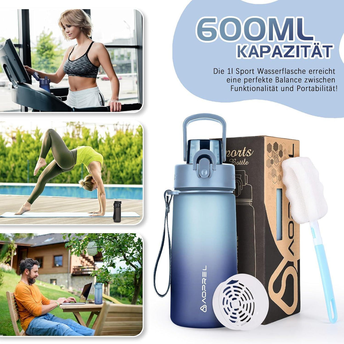 Trinkflasche 600ml BPA-frei Tritan Farbverlauf Hellblau Dunkelblau
