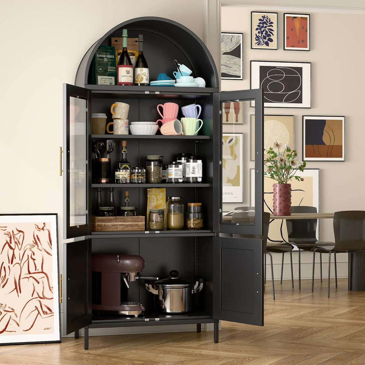Metall Vitrine mit Bogendach – Schwarzer Schrank 185cm