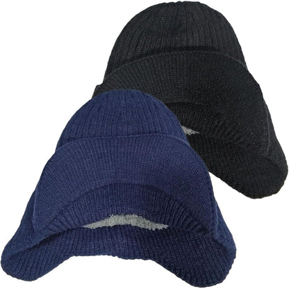 2x Wintermütze Herren mit Ohrenklappen & Krempe Schwarz+Blau