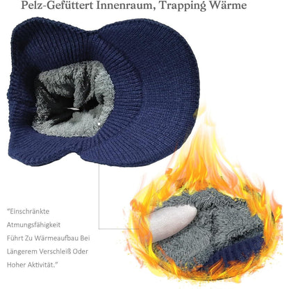 2x Wintermütze Herren mit Ohrenklappen & Krempe Schwarz+Blau
