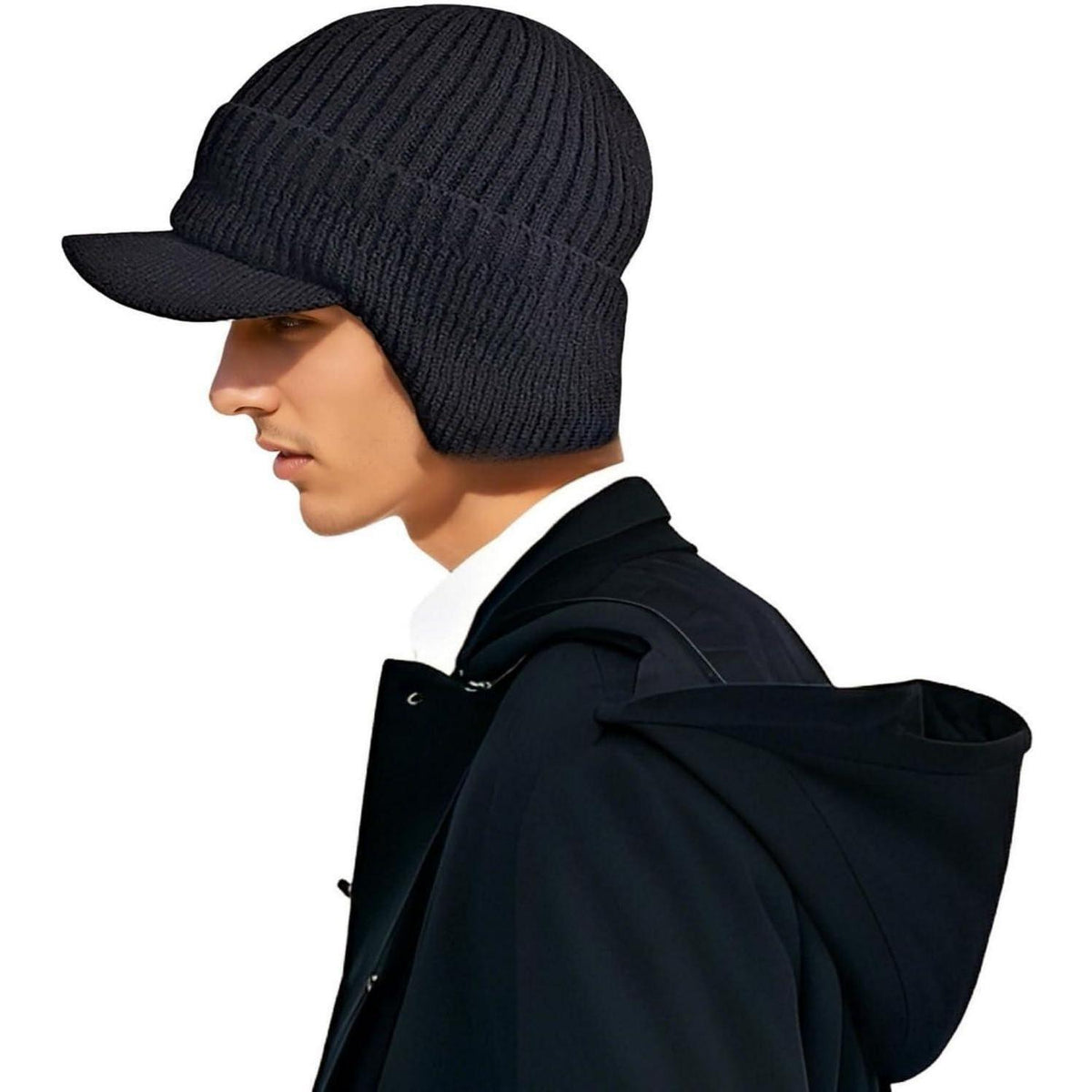 2x Wintermütze Herren mit Ohrenklappen & Krempe Schwarz+Blau