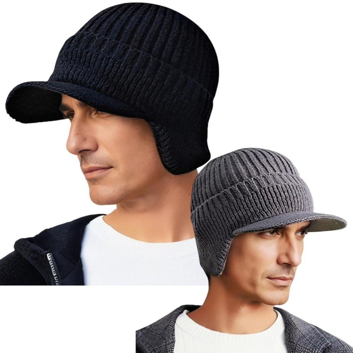 2x Wintermütze Herren mit Ohrenklappen & Krempe Schwarz+Grau