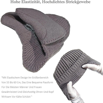 2x Wintermütze Herren mit Ohrenklappen & Krempe Schwarz+Grau