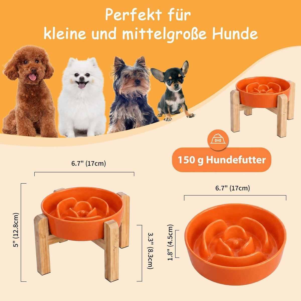 Hundenapf Keramik erhöht - Slow Feeder Orange 17cm