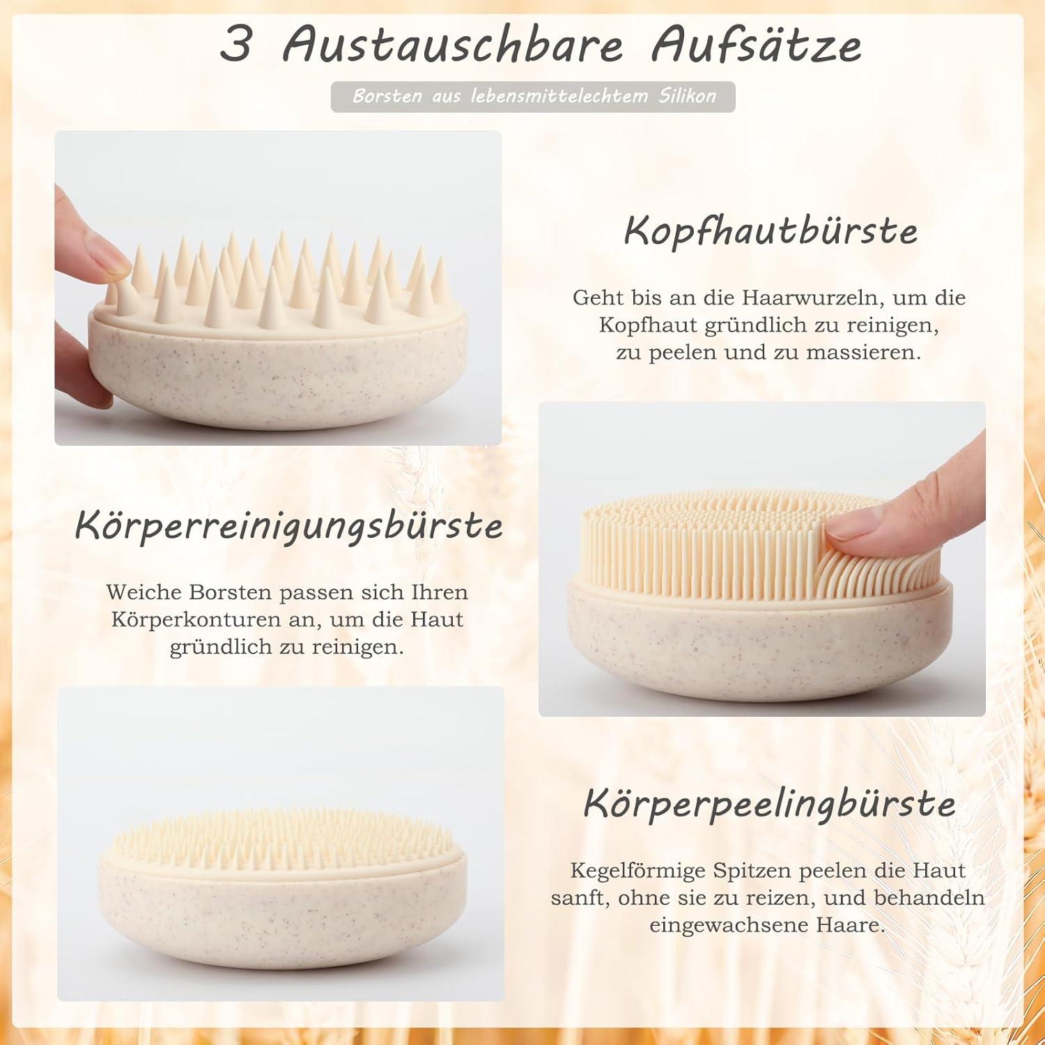 FREATECH 3-in-1 Silikon Körper-Rückenschrubber & Wechselbürsten, Bade Dusch Peeling Haarmassage Kopfhautschrubber