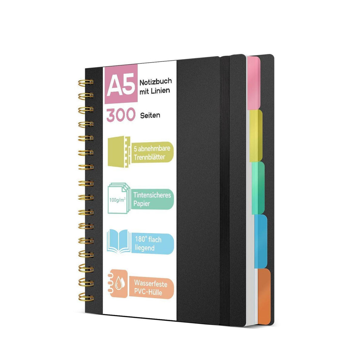 A5 Notizbuch mit Register – Schwarz | 300 Seiten, Spiralbindung