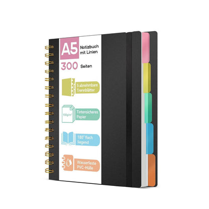 A5 Notizbuch mit Register – Schwarz | 300 Seiten, Spiralbindung