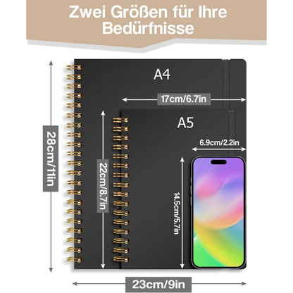 A5 Notizbuch mit Register – Schwarz | 300 Seiten, Spiralbindung