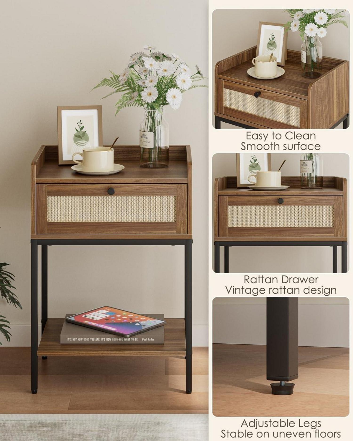 Nachttisch Rattan 3-Tier mit Aufbewahrung & Regal, Braun
