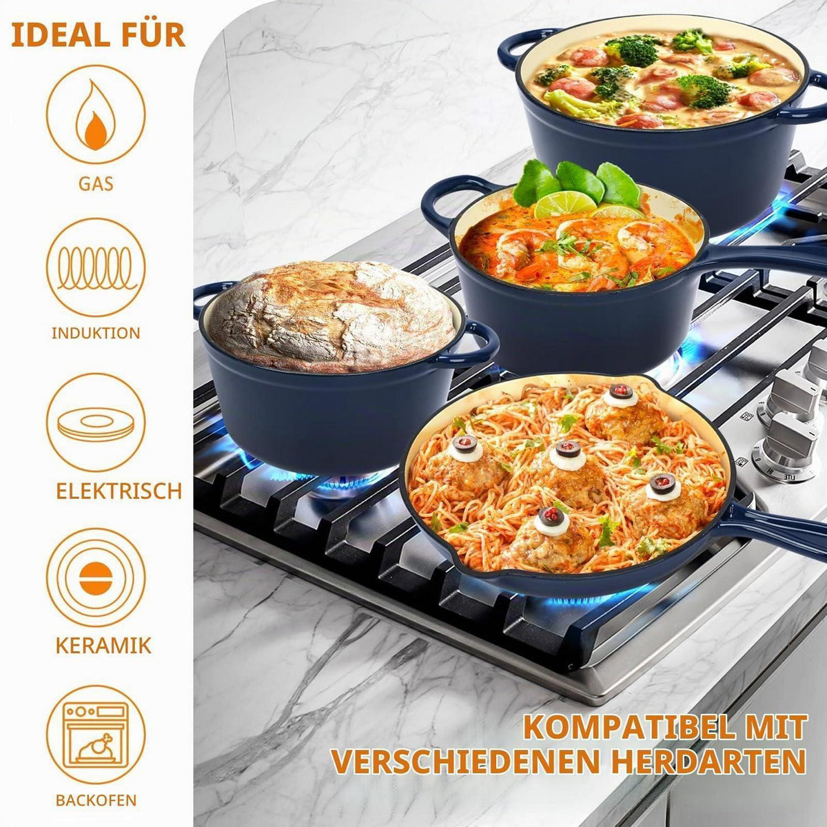 7-teiliges Emaille Gusseisen Kochgeschirr Set mit Dutch Oven