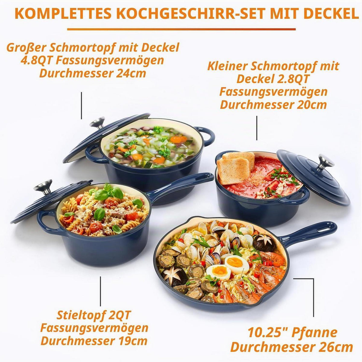 7-teiliges Emaille Gusseisen Kochgeschirr Set mit Dutch Oven