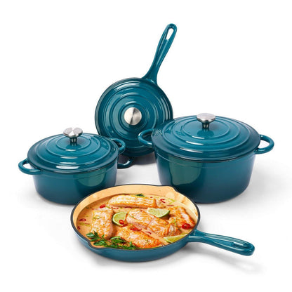 7-teiliges Emaille Gusseisen Kochgeschirr Set mit Dutch Oven