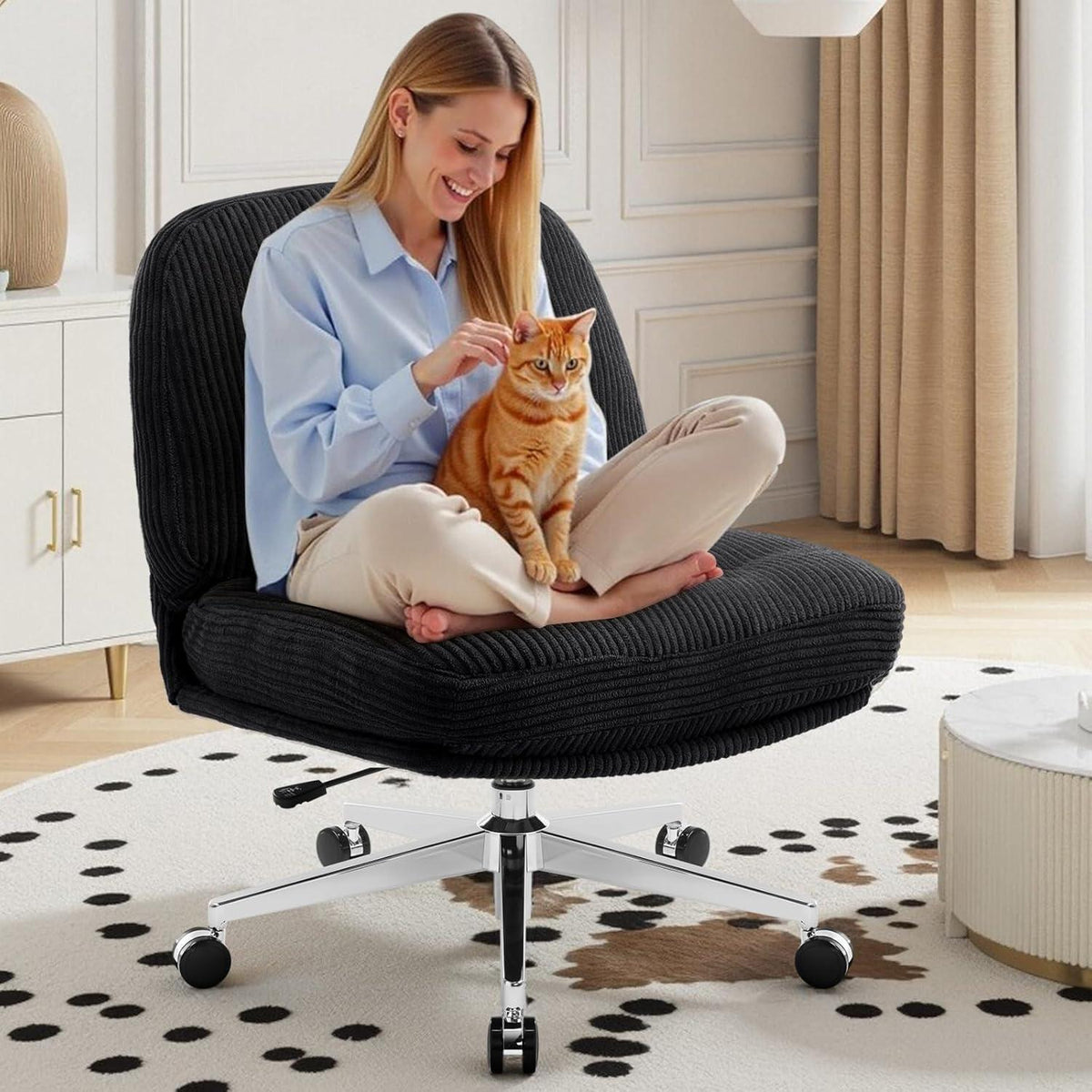 Ergonomischer Bürostuhl ohne Armlehne, Cord, Schwarz mit Rollen