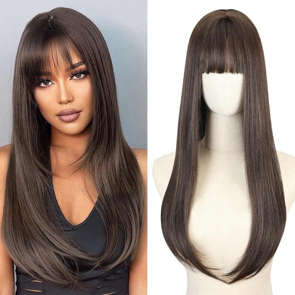 Lange braune Perücke mit Pony – glattes Haar für Damen