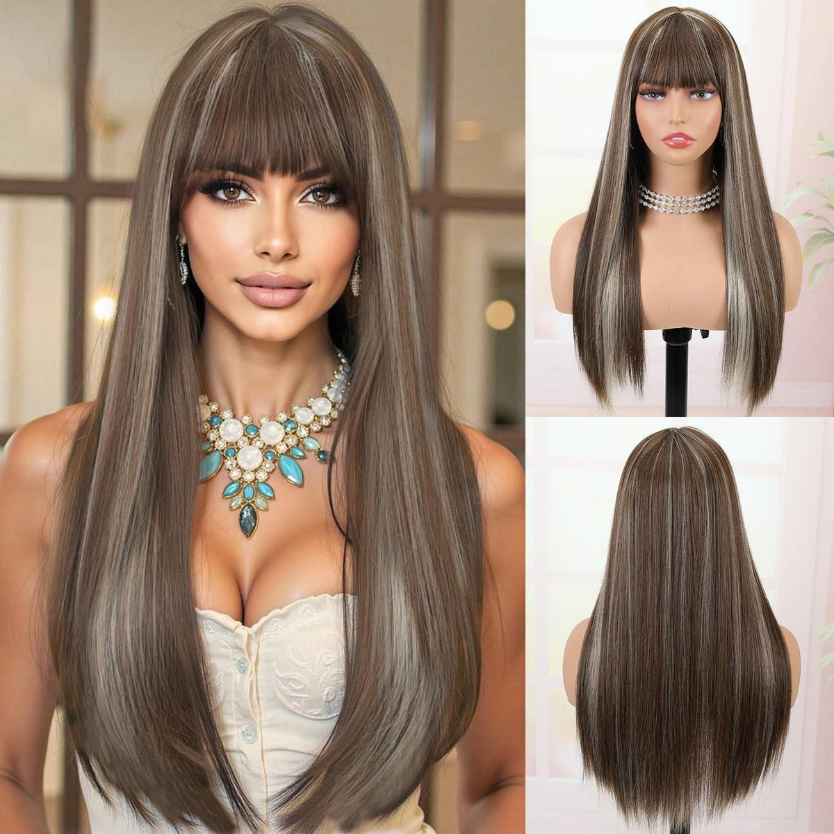 Lange braune Perücke mit Pony & Ombré Blond Strähnchen 58cm