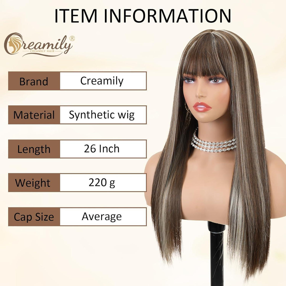 Lange braune Perücke mit Pony & Ombré Blond Strähnchen 58cm