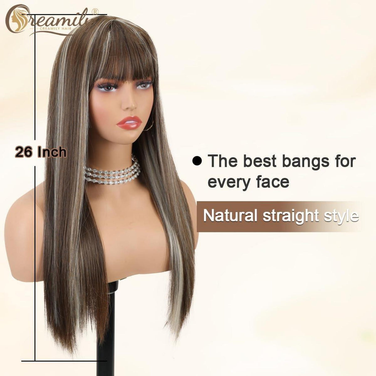 Lange braune Perücke mit Pony & Ombré Blond Strähnchen 58cm