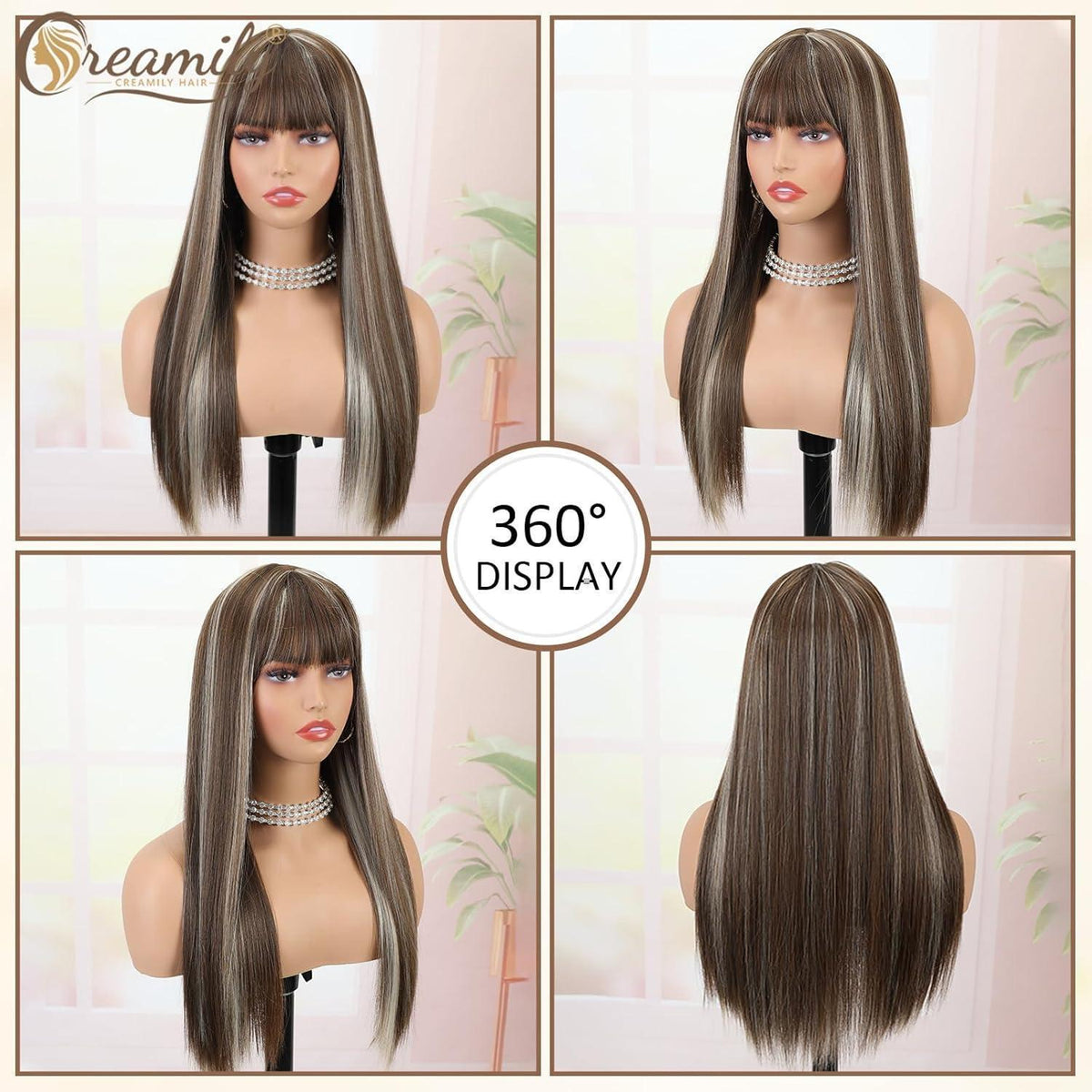 Lange braune Perücke mit Pony & Ombré Blond Strähnchen 58cm