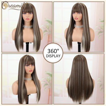 Lange braune Perücke mit Pony & Ombré Blond Strähnchen 58cm