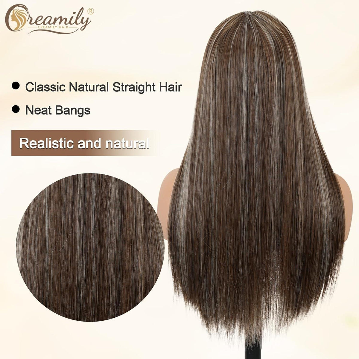 Lange braune Perücke mit Pony & Ombré Blond Strähnchen 58cm