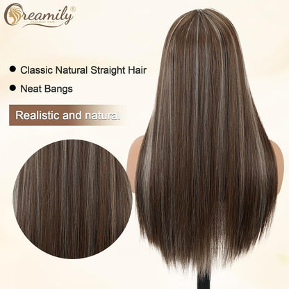 Lange braune Perücke mit Pony & Ombré Blond Strähnchen 58cm