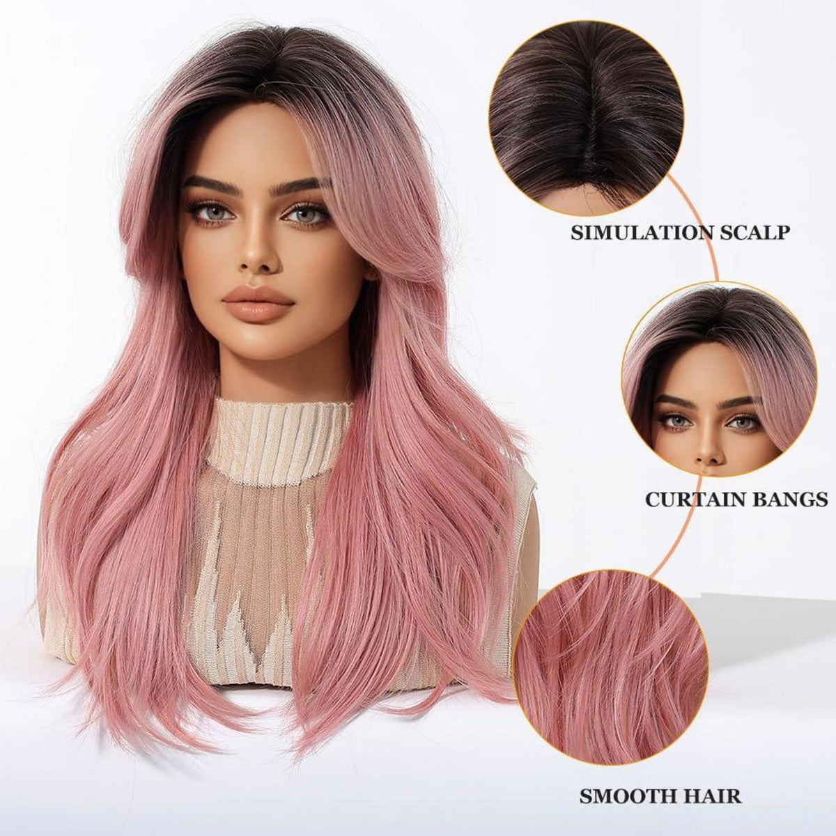 Lange Gerade Perücke Rosa mit Pony – Synthetisch & Verstellbar