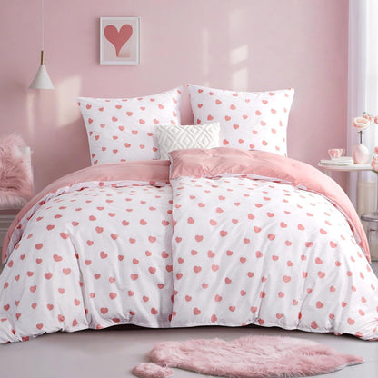 Bettwäsche-Set 135x200 4tlg Mikrofaser mit Herzen Weiß Rosa