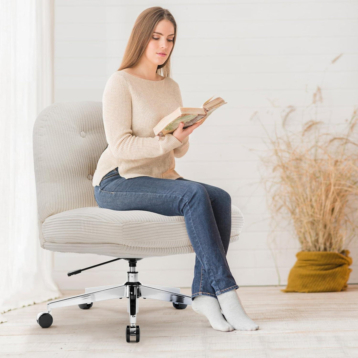 Ergonomischer Bürostuhl ohne Armlehnen, Schneidersitz-Sessel, Weiß