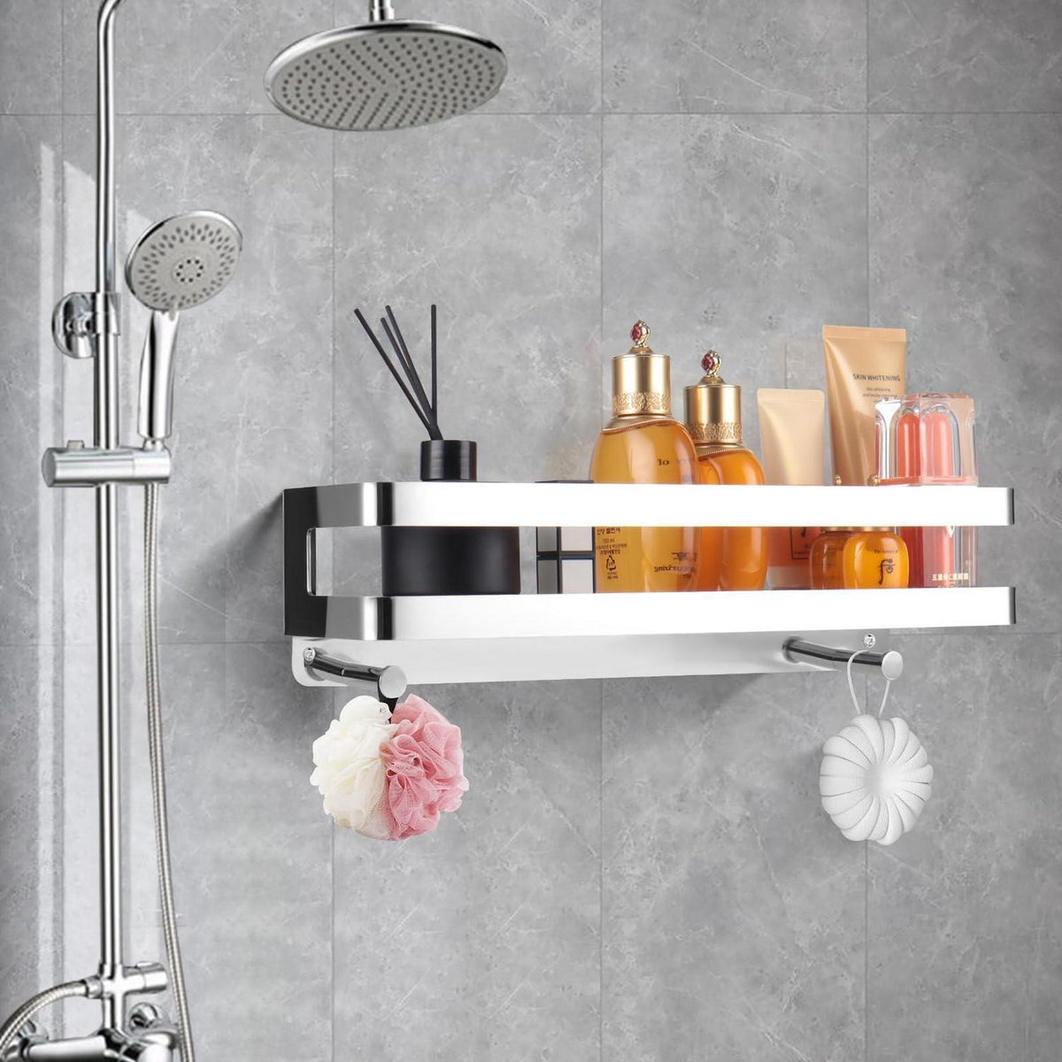 Edelstahl Duschablage mit Haken – Badezimmer Organizer 40cm