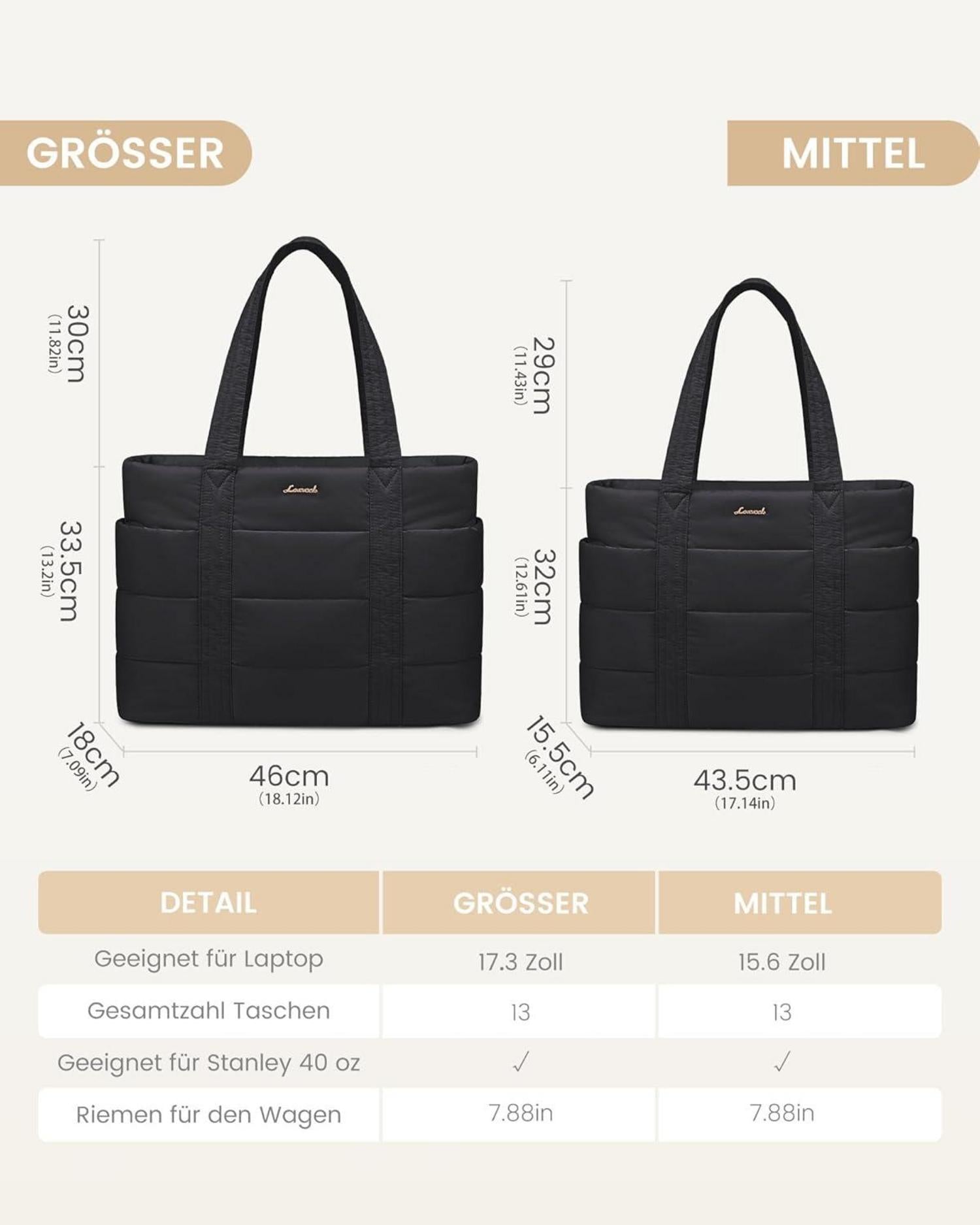 LOVEVOOK Damen Laptoptasche Tote Bag Puffer Handtasche - Groß mit 13 Taschen, für Uni Business Schule