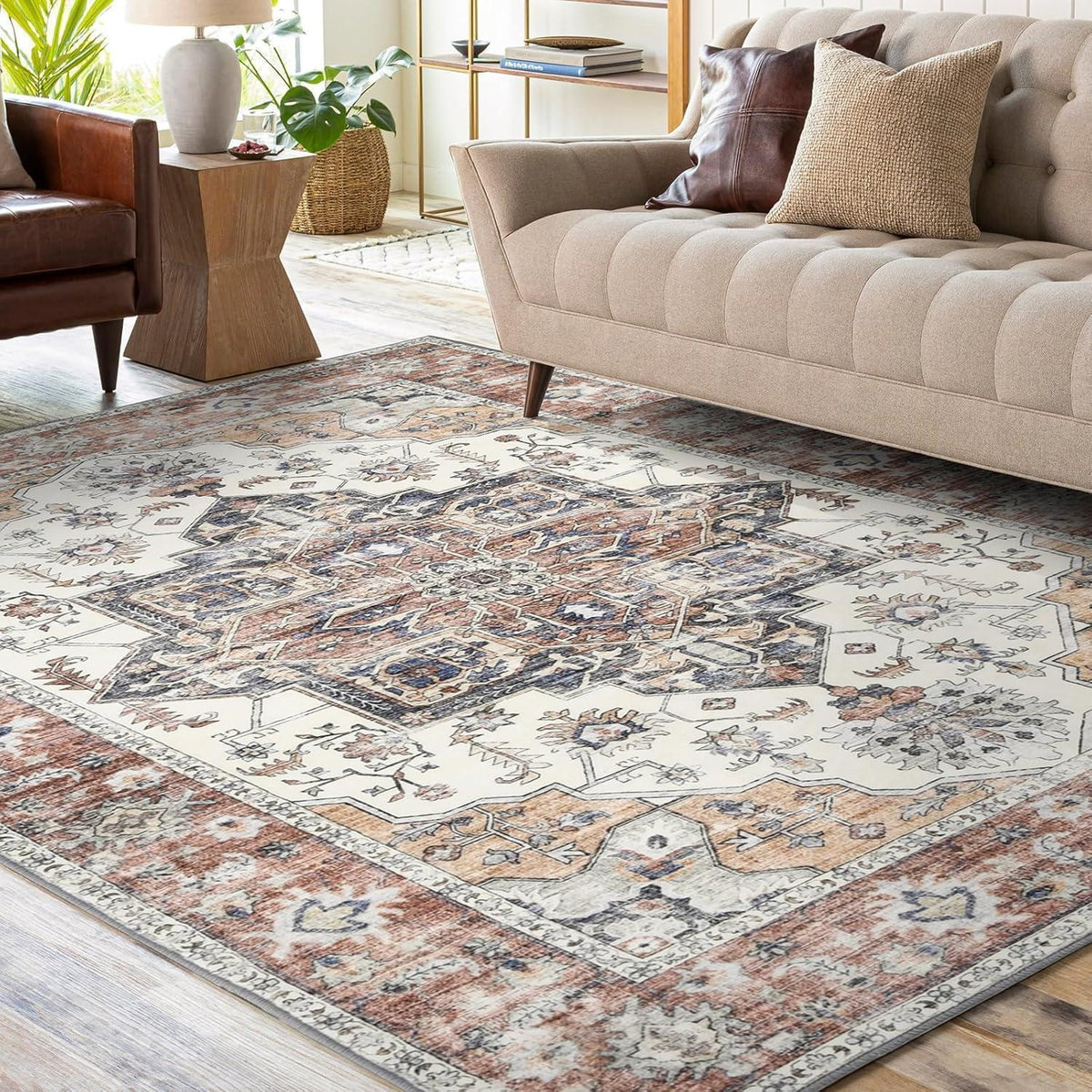 Vintage Teppich 200x300cm – Weicher Kurzflor Wohnzimmerteppich Ziegelrot