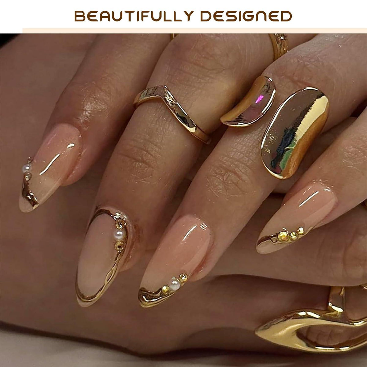 Goldene Französische Spitzen Kunstnägel, 24 Stück Set mit Nagelfeile