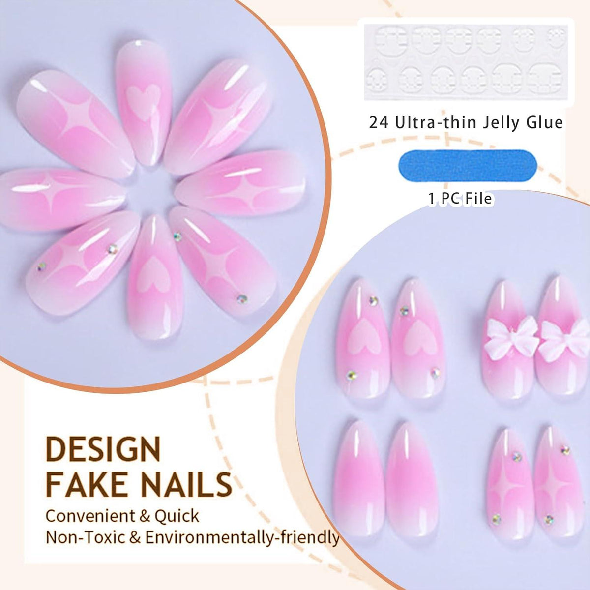 24 Stück Pink Ombré Herz Design Falsche Nägel 3D Schleife GlamRays